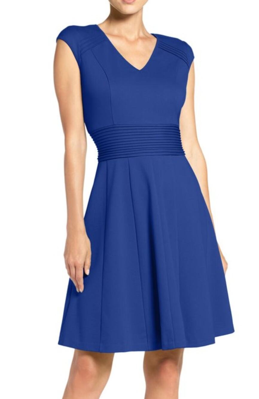 Eliza J Dress Royal Blue Pintucked Waist Fit & Flare WMNS 10 V-Neck Cocktail